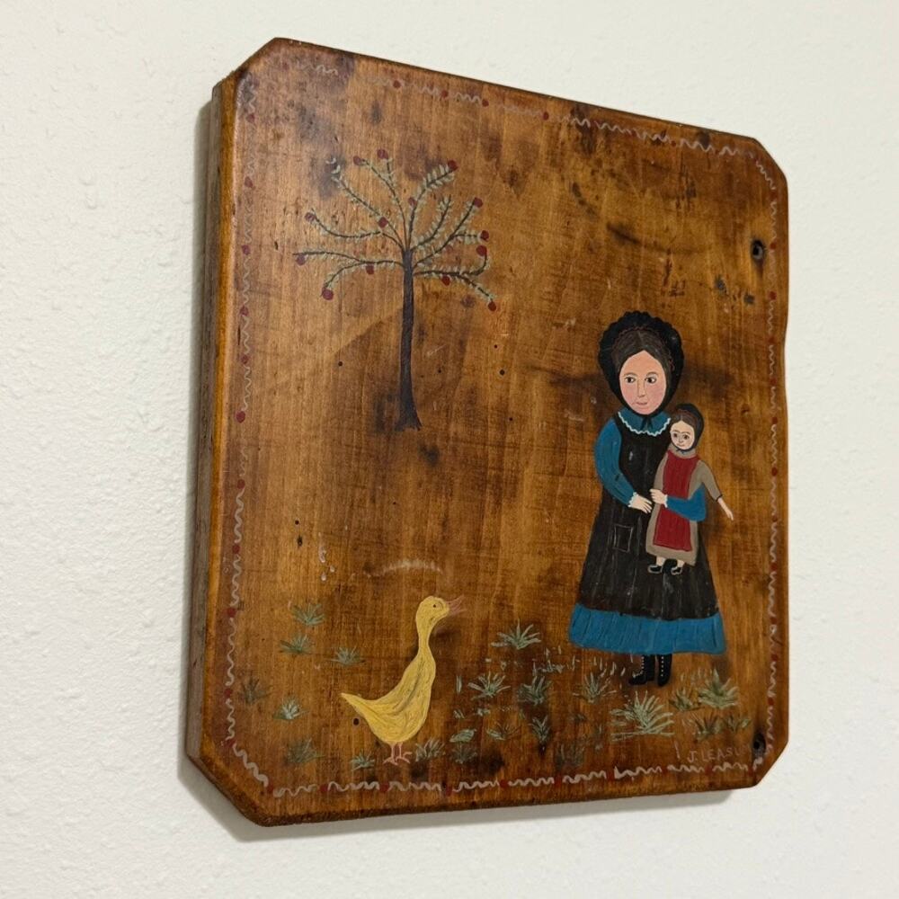 Vintage Original Folk Art Painting Mother Child Duck Wood Board J Leasum 1972